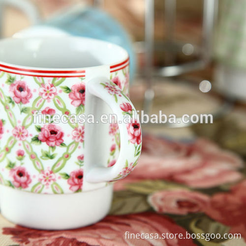 8OZ Elegant White Porcelain Stackable Coffee Mugs with Rack